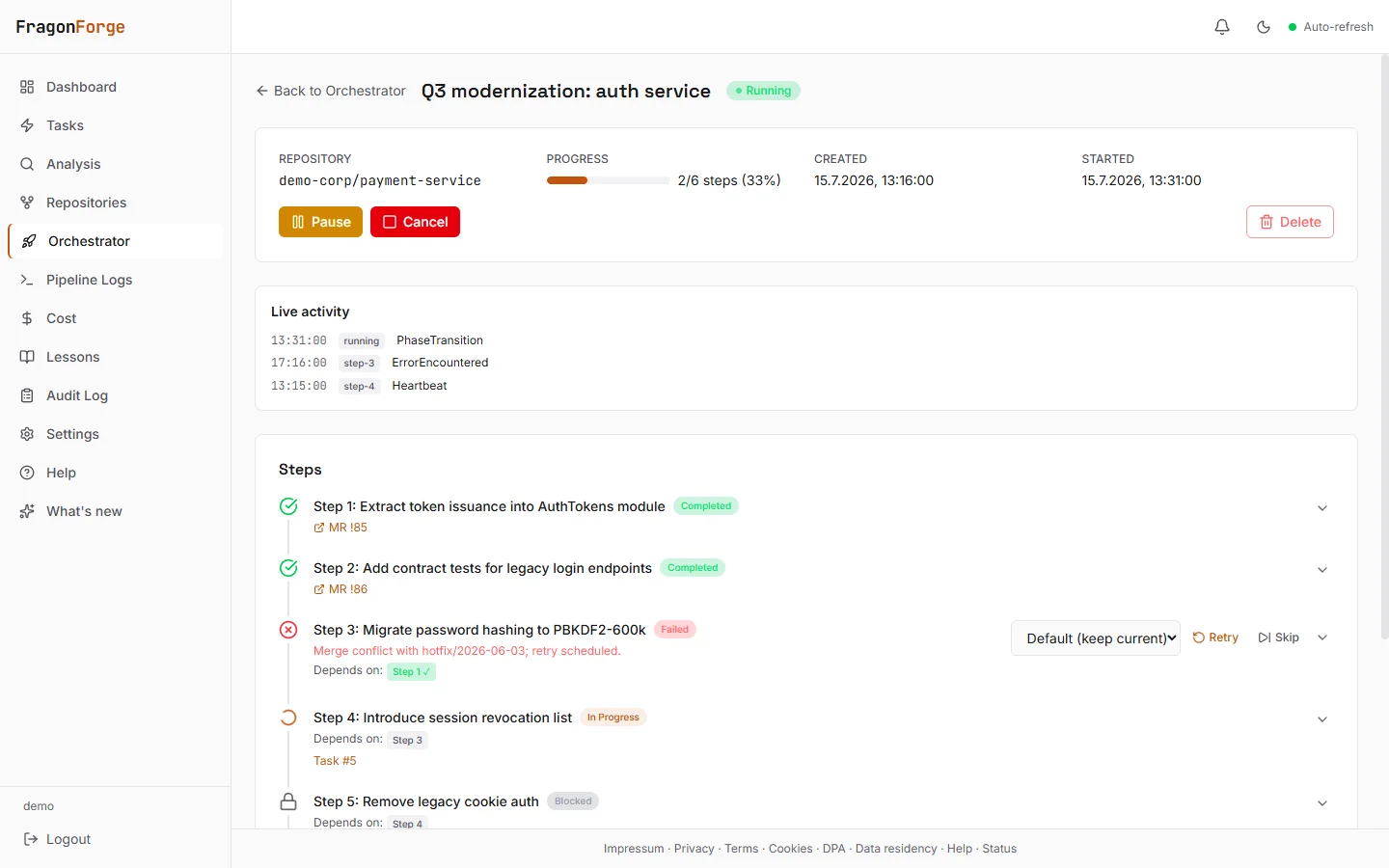 A running orchestrator pipeline with completed, failed, in-progress, and blocked steps ordered by dependency