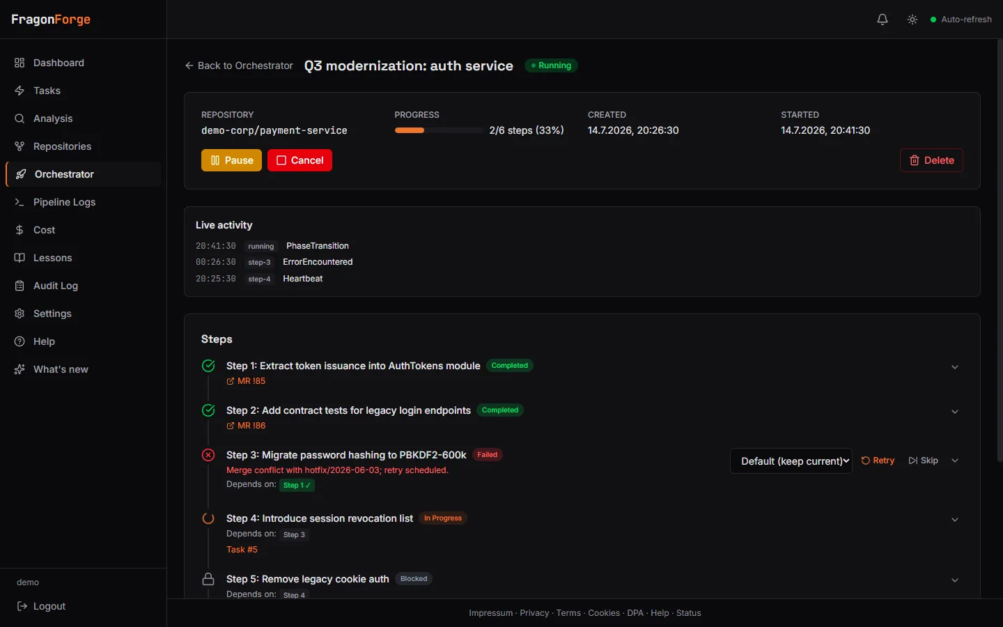 A running orchestrator pipeline with completed, failed, in-progress, and blocked steps ordered by dependency