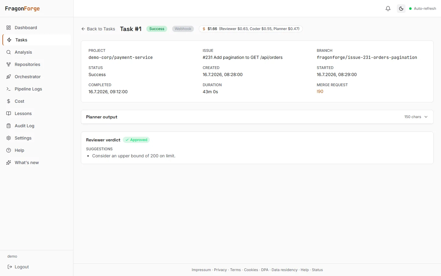 A completed FragonForge task showing the source issue, branch, duration, the merge request it opened, and an approved reviewer verdict