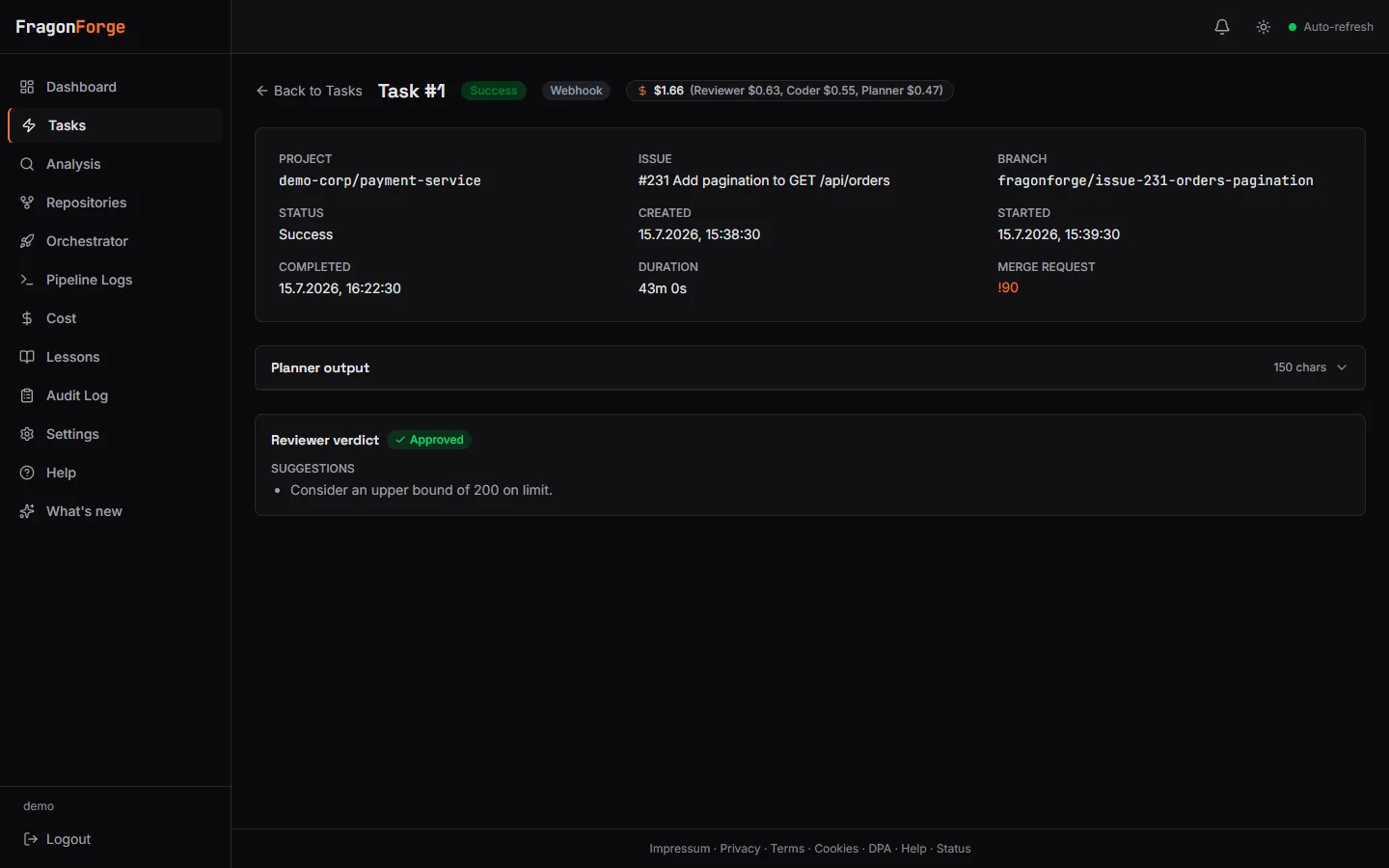 A completed FragonForge task showing the source issue, branch, duration, the merge request it opened, and an approved reviewer verdict